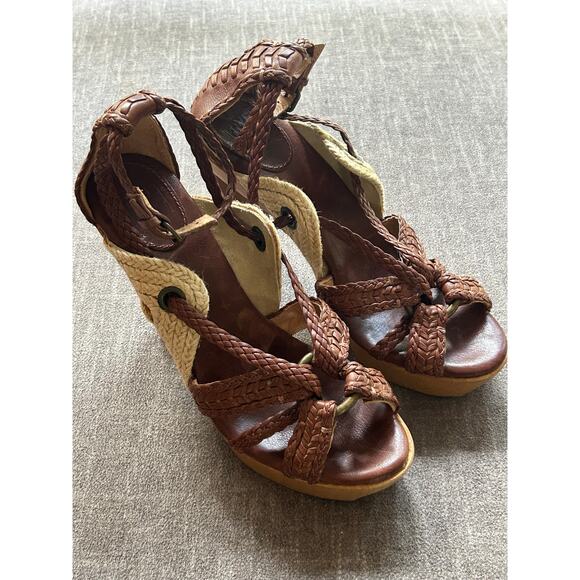 FRYE Leather Braided Platform Heels Wooden Size 8 - Picture 1 of 10